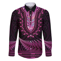 Pink African Dashiki With Aotearoa Maori Family Matching Puletasi and Hawaiian Shirt Paua Shell Mix Silver Fern LT14 Dad's Shirt - Long Sleeve Pink - Polynesian Pride