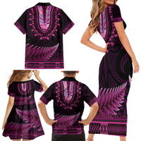 Pink African Dashiki With Aotearoa Maori Family Matching Short Sleeve Bodycon Dress and Hawaiian Shirt Paua Shell Mix Silver Fern LT14 - Polynesian Pride