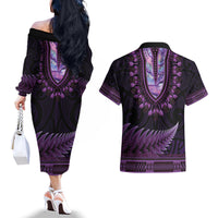 Purple African Dashiki With Aotearoa Maori Couples Matching Off The Shoulder Long Sleeve Dress and Hawaiian Shirt Paua Shell Mix Silver Fern LT14 - Polynesian Pride