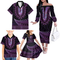 Purple African Dashiki With Aotearoa Maori Family Matching Off The Shoulder Long Sleeve Dress and Hawaiian Shirt Paua Shell Mix Silver Fern LT14 - Polynesian Pride