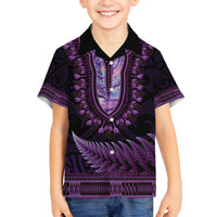 Purple African Dashiki With Aotearoa Maori Family Matching Off Shoulder Short Dress and Hawaiian Shirt Paua Shell Mix Silver Fern LT14 Son's Shirt Purple - Polynesian Pride