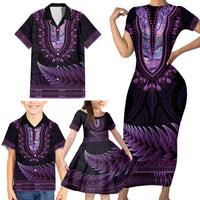 Purple African Dashiki With Aotearoa Maori Family Matching Short Sleeve Bodycon Dress and Hawaiian Shirt Paua Shell Mix Silver Fern LT14 - Polynesian Pride