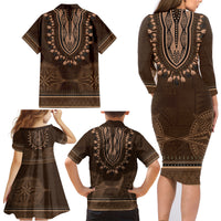 Brown African Dashiki With Tonga Ngatu Pattern Family Matching Long Sleeve Bodycon Dress and Hawaiian Shirt LT14 - Polynesian Pride