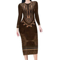 Brown African Dashiki With Tonga Ngatu Pattern Family Matching Long Sleeve Bodycon Dress and Hawaiian Shirt LT14 Mom's Dress Brown - Polynesian Pride