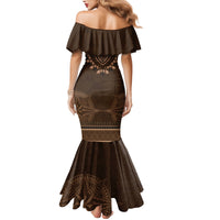 Brown African Dashiki With Tonga Ngatu Pattern Family Matching Mermaid Dress and Hawaiian Shirt