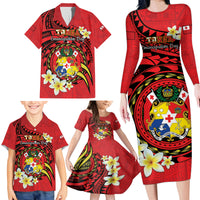Personalised Tonga Emancipation Day Family Matching Long Sleeve Bodycon Dress and Hawaiian Shirt Tongan Ngatu Pattern - Red Version LT14 - Polynesian Pride