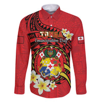 Personalised Tonga Emancipation Day Family Matching Long Sleeve Bodycon Dress and Hawaiian Shirt Tongan Ngatu Pattern - Red Version LT14 Dad's Shirt - Long Sleeve Red - Polynesian Pride