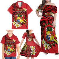 Personalised Tonga Emancipation Day Family Matching Off Shoulder Maxi Dress and Hawaiian Shirt Tongan Ngatu Pattern - Red Version LT14 - Polynesian Pride
