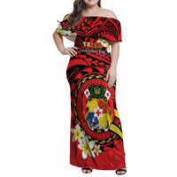 Personalised Tonga Emancipation Day Family Matching Off Shoulder Maxi Dress and Hawaiian Shirt Tongan Ngatu Pattern - Red Version LT14 Mom's Dress Red - Polynesian Pride