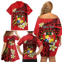 Personalised Tonga Emancipation Day Family Matching Off Shoulder Short Dress and Hawaiian Shirt Tongan Ngatu Pattern - Red Version LT14 - Polynesian Pride