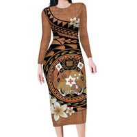 Personalised Tonga Emancipation Day Family Matching Long Sleeve Bodycon Dress and Hawaiian Shirt Tongan Ngatu Pattern - Brown Version LT14 Mom's Dress Brown - Polynesian Pride