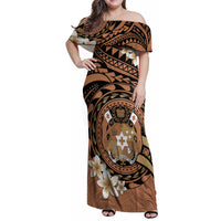 Personalised Tonga Emancipation Day Family Matching Off Shoulder Maxi Dress and Hawaiian Shirt Tongan Ngatu Pattern - Brown Version LT14 Mom's Dress Brown - Polynesian Pride