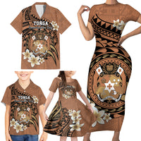 Personalised Tonga Emancipation Day Family Matching Short Sleeve Bodycon Dress and Hawaiian Shirt Tongan Ngatu Pattern - Brown Version LT14 - Polynesian Pride