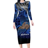 New Zealand Stewart Island Long Sleeve Bodycon Dress Rakiura Kiwi Maori Glowing Sky LT14 Long Dress Blue - Polynesian Pride