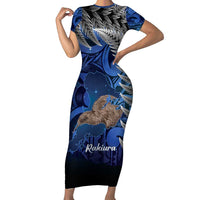 New Zealand Stewart Island Short Sleeve Bodycon Dress Rakiura Kiwi Maori Glowing Sky LT14 Long Dress Blue - Polynesian Pride