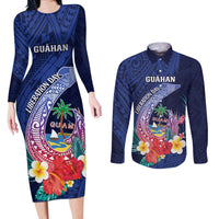 Personalised Guam Liberation Day Couples Matching Long Sleeve Bodycon Dress and Long Sleeve Button Shirt Happy 80th Anniversary Fish Hook Mix Tropical Flowers LT14 Blue - Polynesian Pride