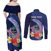 Personalised Guam Liberation Day Couples Matching Off Shoulder Maxi Dress and Long Sleeve Button Shirt Happy 80th Anniversary Fish Hook Mix Tropical Flowers LT14 - Polynesian Pride