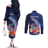 Personalised Guam Liberation Day Couples Matching Off The Shoulder Long Sleeve Dress and Long Sleeve Button Shirt Happy 80th Anniversary Fish Hook Mix Tropical Flowers LT14 - Polynesian Pride