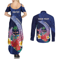 Personalised Guam Liberation Day Couples Matching Summer Maxi Dress and Long Sleeve Button Shirt Happy 80th Anniversary Fish Hook Mix Tropical Flowers LT14 - Polynesian Pride