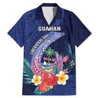 Personalised Guam Liberation Day Family Matching Mermaid Dress and Hawaiian Shirt Happy 80th Anniversary Fish Hook Mix Tropical Flowers LT14 Dad's Shirt - Short Sleeve Blue - Polynesian Pride