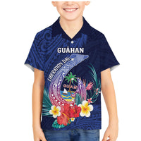 Personalised Guam Liberation Day Family Matching Mermaid Dress and Hawaiian Shirt Happy 80th Anniversary Fish Hook Mix Tropical Flowers LT14 Son's Shirt Blue - Polynesian Pride