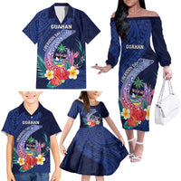Personalised Guam Liberation Day Family Matching Off The Shoulder Long Sleeve Dress and Hawaiian Shirt Happy 80th Anniversary Fish Hook Mix Tropical Flowers LT14 - Polynesian Pride