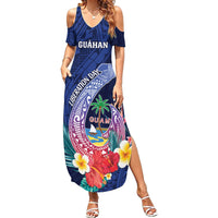 Personalised Guam Liberation Day Family Matching Summer Maxi Dress and Hawaiian Shirt Happy 80th Anniversary Fish Hook Mix Tropical Flowers LT14 Mom's Dress Blue - Polynesian Pride