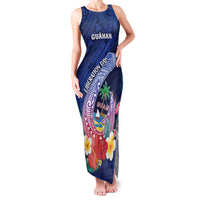Personalised Guam Liberation Day Family Matching Tank Maxi Dress and Hawaiian Shirt Happy 80th Anniversary Fish Hook Mix Tropical Flowers LT14 Mom's Dress Blue - Polynesian Pride