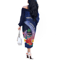 Personalised Guam Liberation Day Off The Shoulder Long Sleeve Dress Happy 80th Anniversary Fish Hook Mix Tropical Flowers LT14 - Polynesian Pride