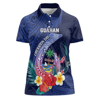 Personalised Guam Liberation Day Women Polo Shirt Happy 80th Anniversary Fish Hook Mix Tropical Flowers LT14 Female Blue - Polynesian Pride