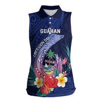 Personalised Guam Liberation Day Women Sleeveless Polo Shirt Happy 80th Anniversary Fish Hook Mix Tropical Flowers LT14 Female Blue - Polynesian Pride