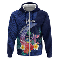 Personalised Guam Liberation Day Zip Hoodie Happy 80th Anniversary Fish Hook Mix Tropical Flowers LT14 Zip Hoodie Blue - Polynesian Pride
