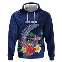 Personalised Guam Liberation Day Zip Hoodie Happy 80th Anniversary Fish Hook Mix Tropical Flowers LT14 Pullover Hoodie Blue - Polynesian Pride