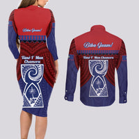 Guam Liberation Day Couples Matching Long Sleeve Bodycon Dress and Long Sleeve Button Shirt Biba Guahan Chamorro 80th Anniversary - Blue LT14 - Polynesian Pride