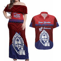 Guam Liberation Day Couples Matching Off Shoulder Maxi Dress and Hawaiian Shirt Biba Guahan Chamorro 80th Anniversary - Blue LT14 Blue - Polynesian Pride