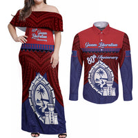 Guam Liberation Day Couples Matching Off Shoulder Maxi Dress and Long Sleeve Button Shirt Biba Guahan Chamorro 80th Anniversary - Blue LT14 Blue - Polynesian Pride