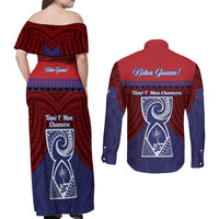 Guam Liberation Day Couples Matching Off Shoulder Maxi Dress and Long Sleeve Button Shirt Biba Guahan Chamorro 80th Anniversary - Blue LT14 - Polynesian Pride