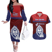 Guam Liberation Day Couples Matching Off The Shoulder Long Sleeve Dress and Hawaiian Shirt Biba Guahan Chamorro 80th Anniversary - Blue LT14 Blue - Polynesian Pride