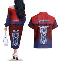 Guam Liberation Day Couples Matching Off The Shoulder Long Sleeve Dress and Hawaiian Shirt Biba Guahan Chamorro 80th Anniversary - Blue LT14 - Polynesian Pride