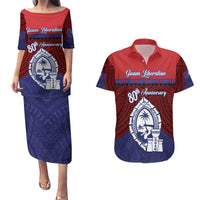 Guam Liberation Day Couples Matching Puletasi and Hawaiian Shirt Biba Guahan Chamorro 80th Anniversary - Blue LT14 Blue - Polynesian Pride