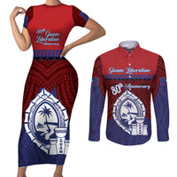 Guam Liberation Day Couples Matching Short Sleeve Bodycon Dress and Long Sleeve Button Shirt Biba Guahan Chamorro 80th Anniversary - Blue LT14 Blue - Polynesian Pride