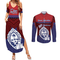 Guam Liberation Day Couples Matching Summer Maxi Dress and Long Sleeve Button Shirt Biba Guahan Chamorro 80th Anniversary - Blue LT14 Blue - Polynesian Pride