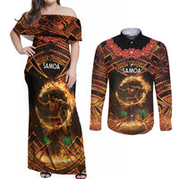Samoa Teuila 2024 Festival Couples Matching Off Shoulder Maxi Dress and Long Sleeve Button Shirt Samoan Siva Afi With Red Gingers LT14 Black - Polynesian Pride