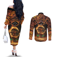 Samoa Teuila 2024 Festival Couples Matching Off The Shoulder Long Sleeve Dress and Long Sleeve Button Shirt Samoan Siva Afi With Red Gingers LT14 - Polynesian Pride