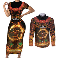 Samoa Teuila 2024 Festival Couples Matching Short Sleeve Bodycon Dress and Long Sleeve Button Shirt Samoan Siva Afi With Red Gingers LT14 Black - Polynesian Pride