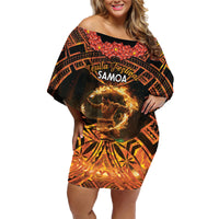 Samoa Teuila 2024 Festival Family Matching Off Shoulder Short Dress and Hawaiian Shirt Samoan Siva Afi With Red Gingers LT14 Mom's Dress Black - Polynesian Pride