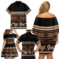 Black Samoa Siapo Teuila Flowers Family Matching Off Shoulder Short Dress and Hawaiian Shirt LT14 - Polynesian Pride