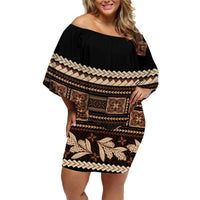 Black Samoa Siapo Teuila Flowers Family Matching Off Shoulder Short Dress and Hawaiian Shirt LT14 Mom's Dress Black - Polynesian Pride