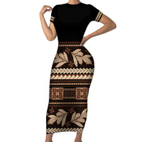 Black Samoa Siapo Teuila Flowers Family Matching Short Sleeve Bodycon Dress and Hawaiian Shirt LT14 Mom's Dress Black - Polynesian Pride