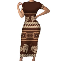 Brown Samoa Siapo Teuila Flowers Family Matching Short Sleeve Bodycon Dress and Hawaiian Shirt LT14 Mom's Dress Brown - Polynesian Pride